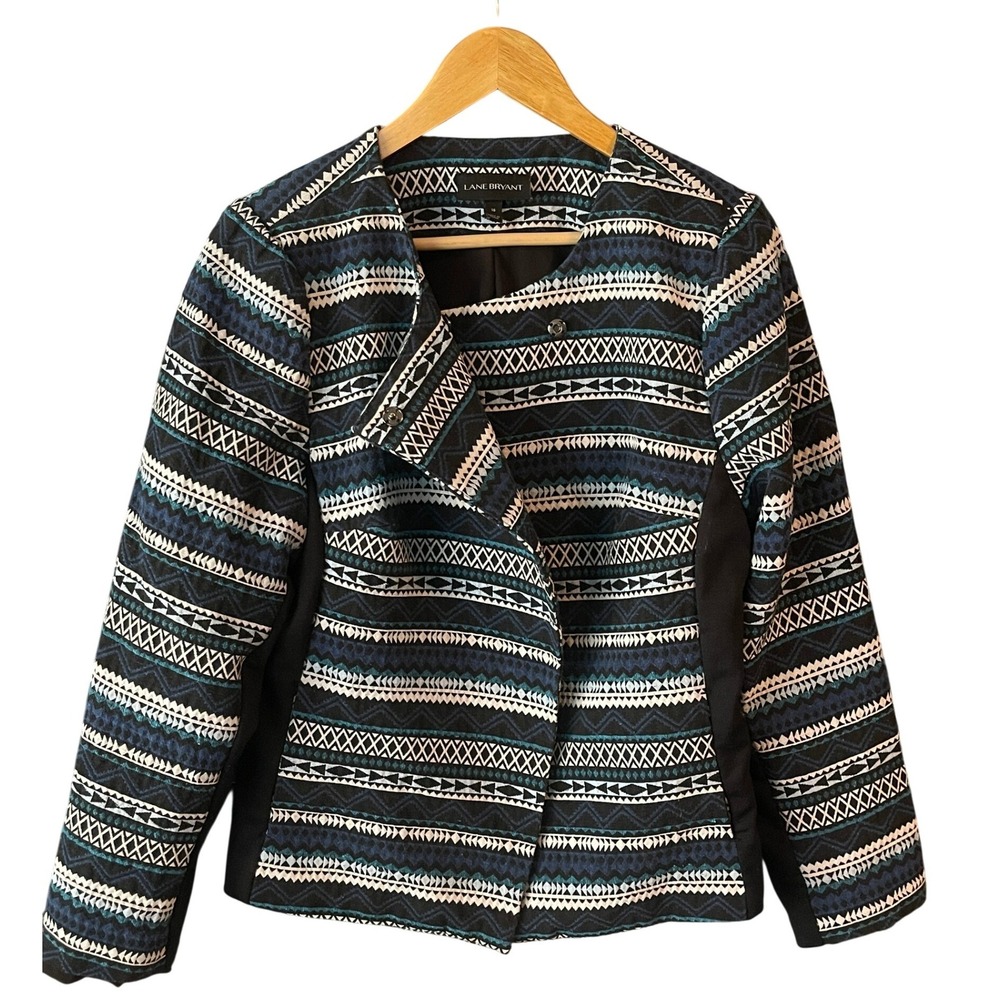 Lane Bryant Women's Aztec‎ Native Geometric Print Blazer Jacket Black Blue Sz 16